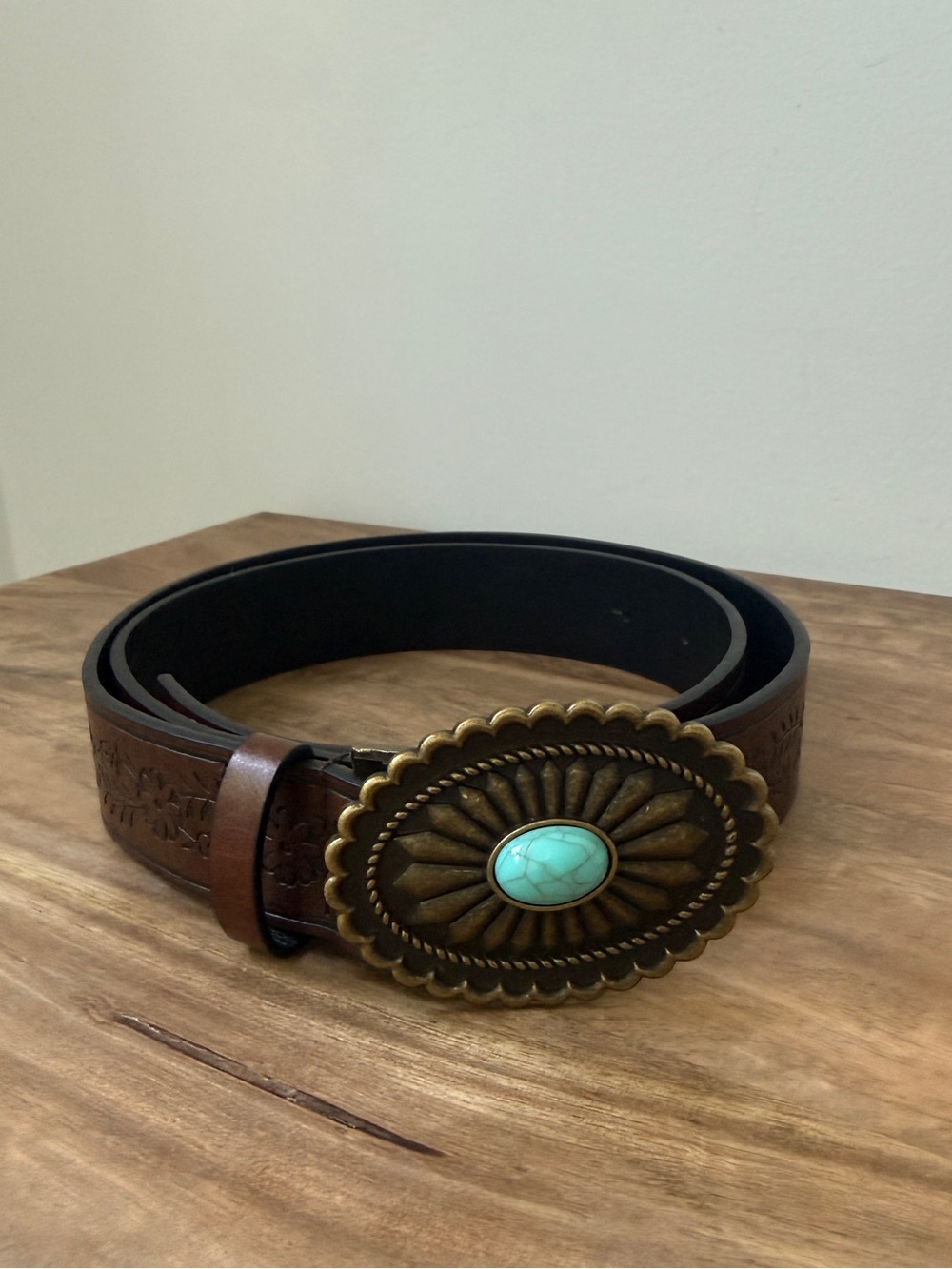 Brown Faux Leather Belt with Turquoise Concho Buckle
